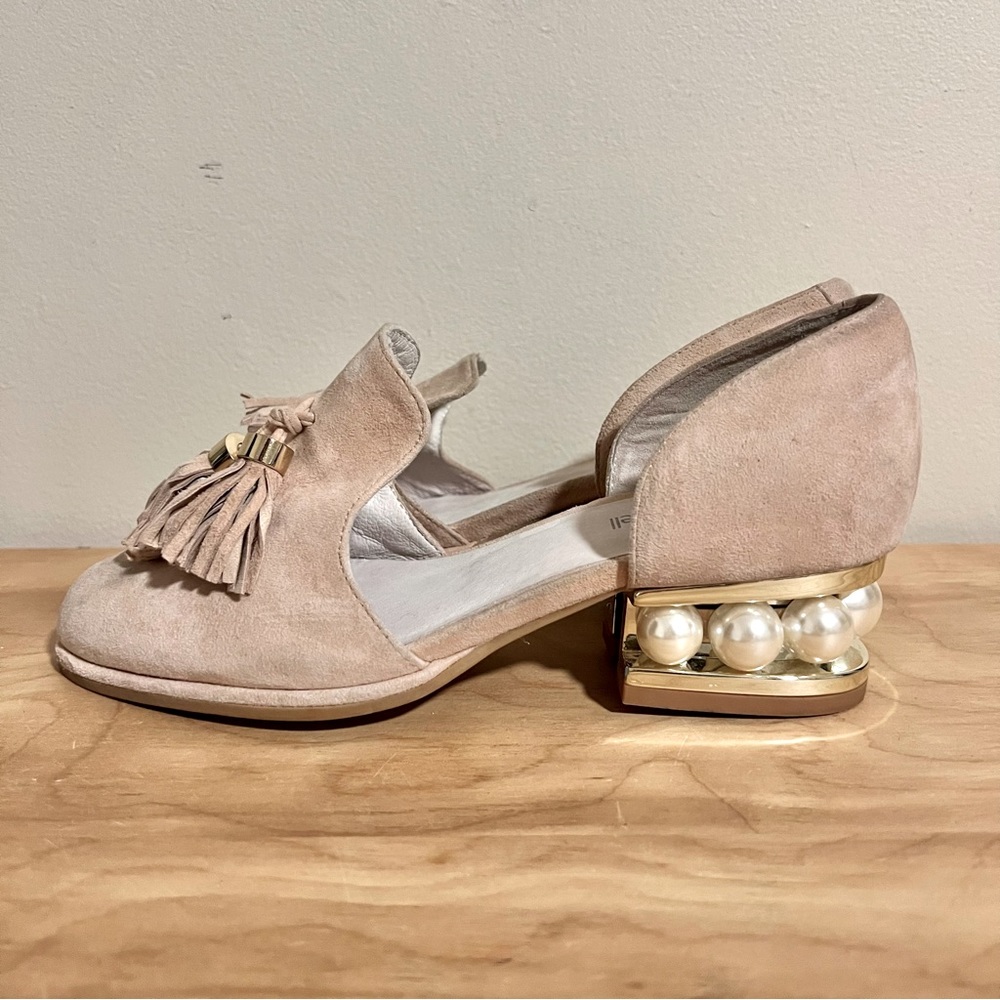 Jeffrey Campbell Blush Pink Suede Tassel Low Heel Loafers with Pearl Accent